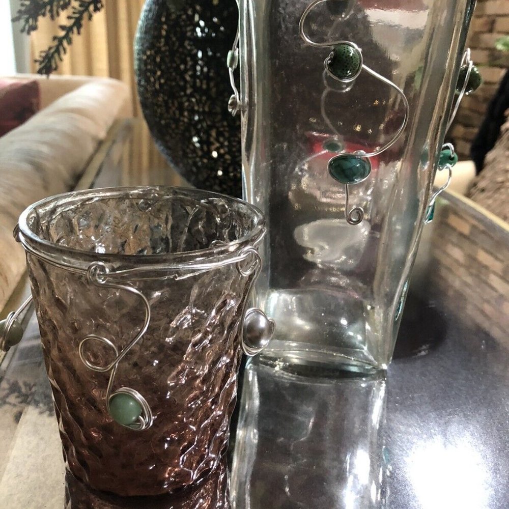 Amber and Silver Handwired Candle Holder Party on the Patio